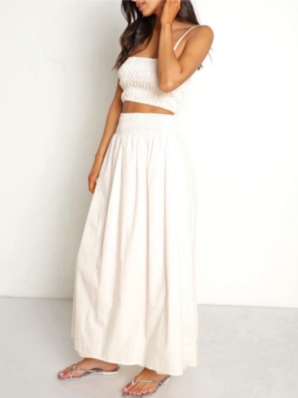 Faithfull the brand ruched maxi skirt crop top set size small